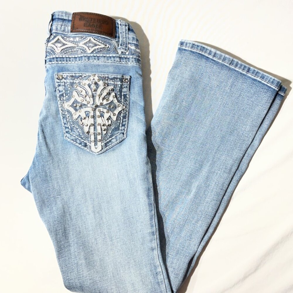 Westfield  Eagle Jeans Womens Light Wash Bootcut Denim With Rhinestone size 7Cro